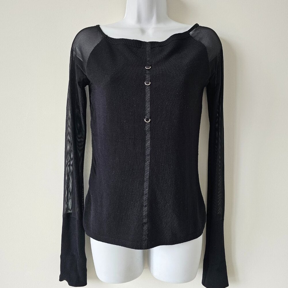 BUFFALO Black Cotton Knit Sheer Boat Neck Long Sleeve Top Medium